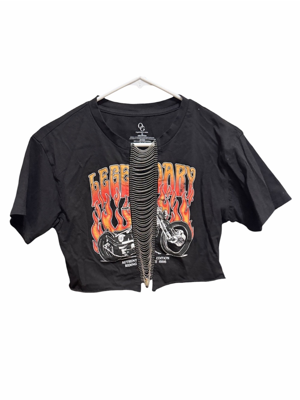 Organic Generation Black 'Legendary' Flame Motorcycle Graphic Cropped Tee